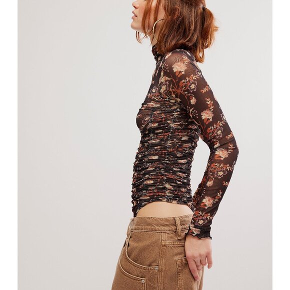 FREE PEOPLE Under It All Printed Mesh Bodysuit / Dark Black Combo - Picture 2 of 7